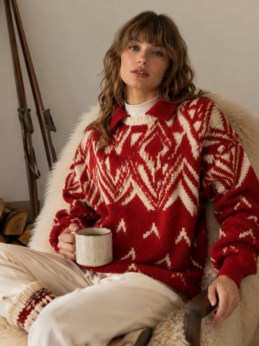 Boston Traders Vintage Geometric Wool Sweater Red Ivory Collared Chunky Knit